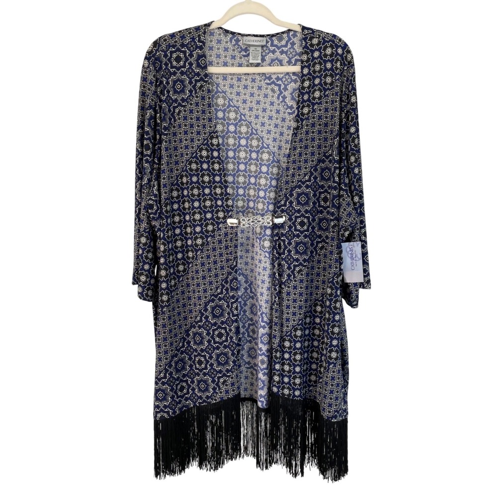 NEW Catherines Womens 3X Blue Geometric Tile Print Fringe Kimono Cardigan Boho